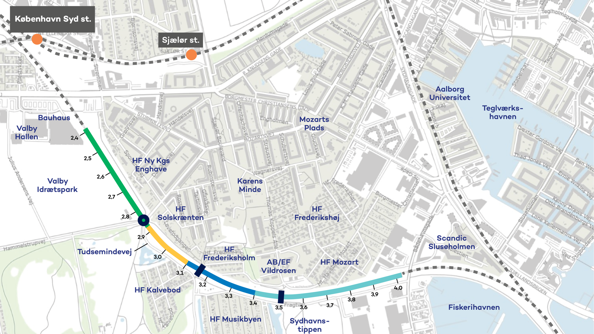 Kort, der viser anlægsområdet for overhalingssporene på jernbanen ved Kalvebod.